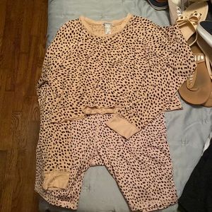 Large Forever 21 Cheetah Long Sleeve Crop and Biker Short Set